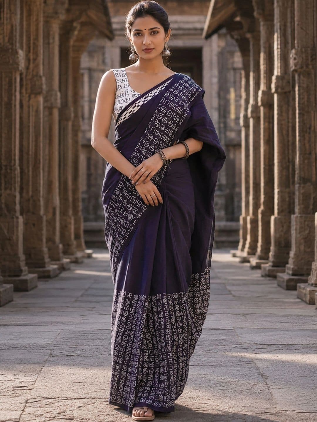 Aldwych Women Linen Blend Designer Block Print Saree - view 1