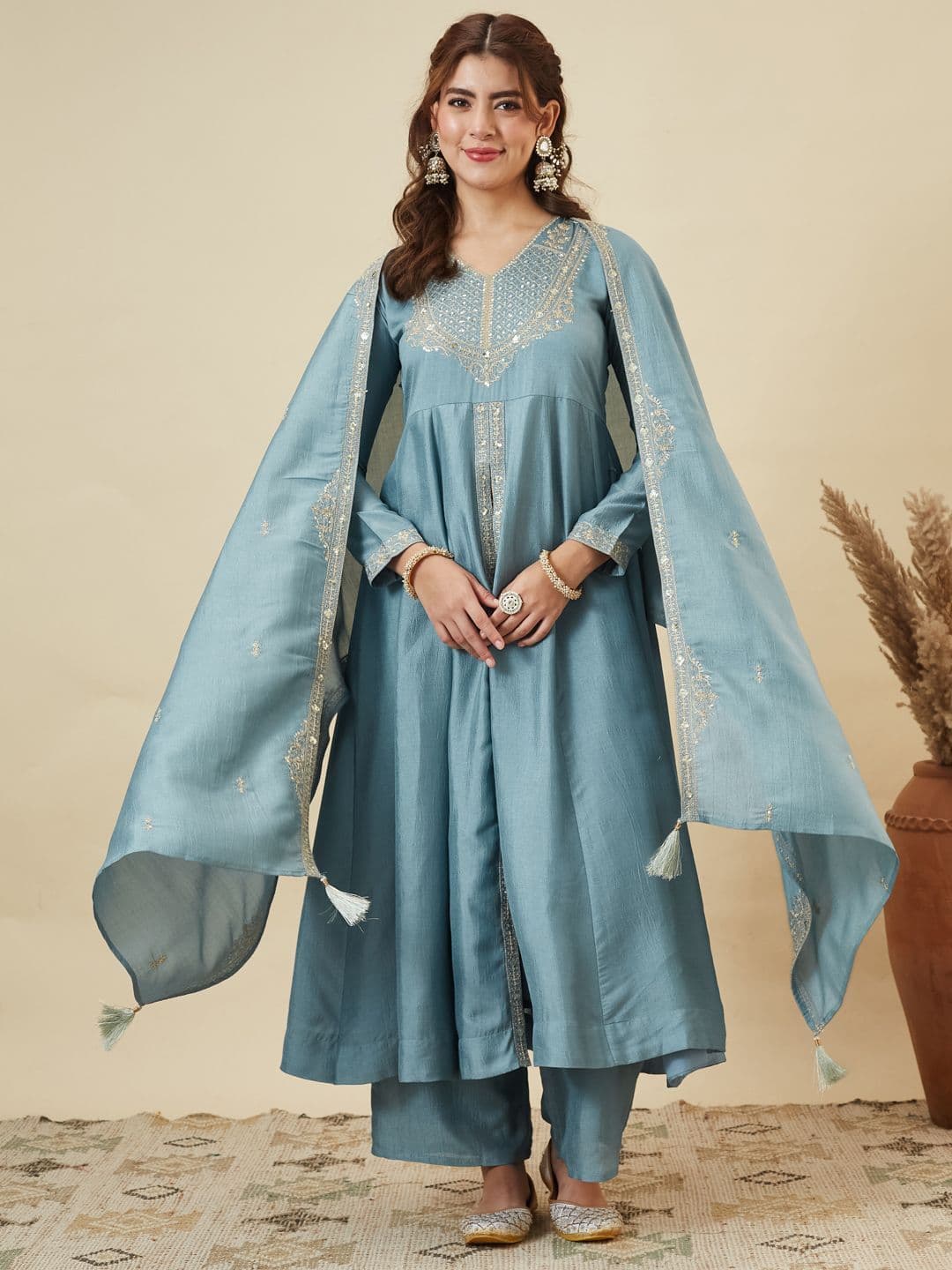 Colors of Earth Colors of Earth Silk Embroidered Anarkali Kurta And Palazzo Set With Dupatta - view 1