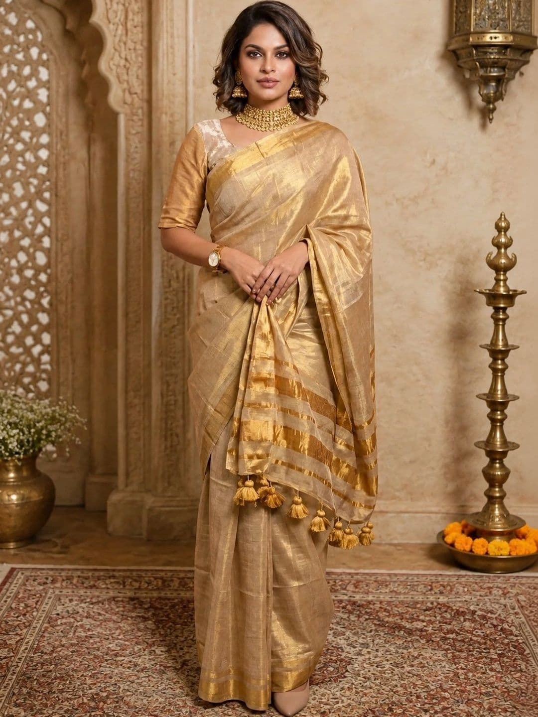 srinjan fashion Striped Zari Tissue Handloom Tussar Saree - view 1