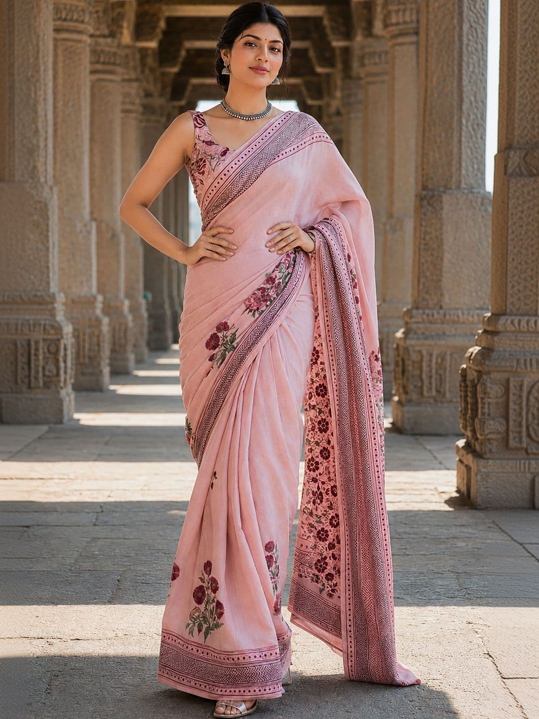Aldwych Floral Linen Blend Fusion Block Print Saree thumbnail 3