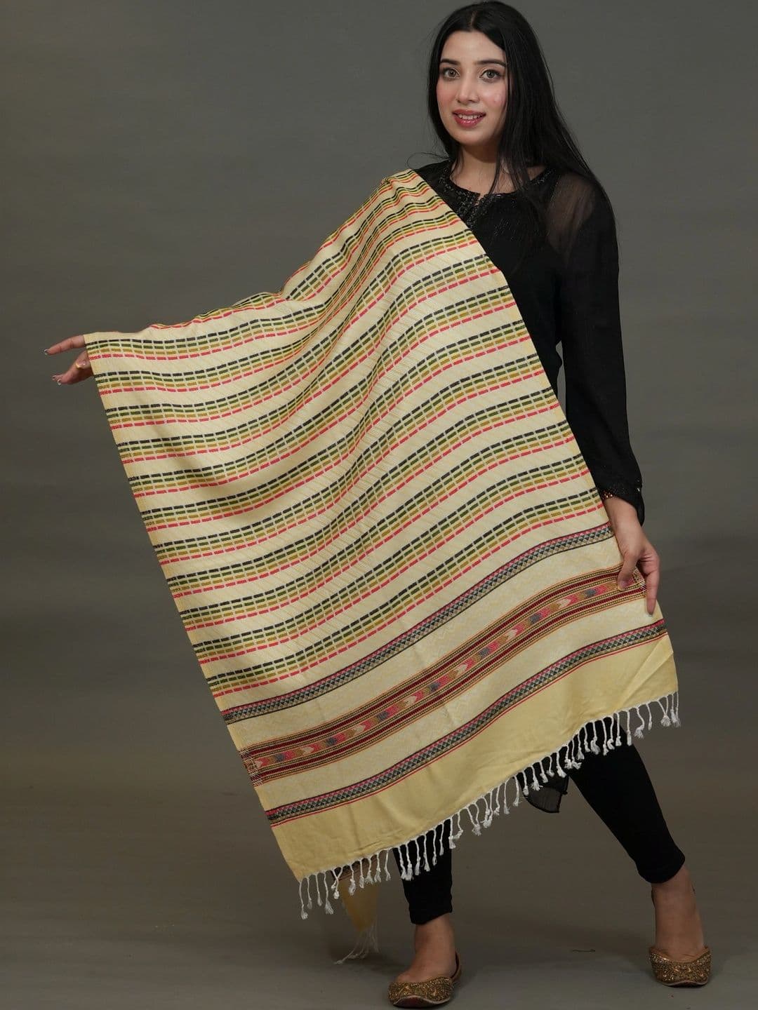 SHIFNEEN Women Striped Woven Design Acrylic Shawl thumbnail 5