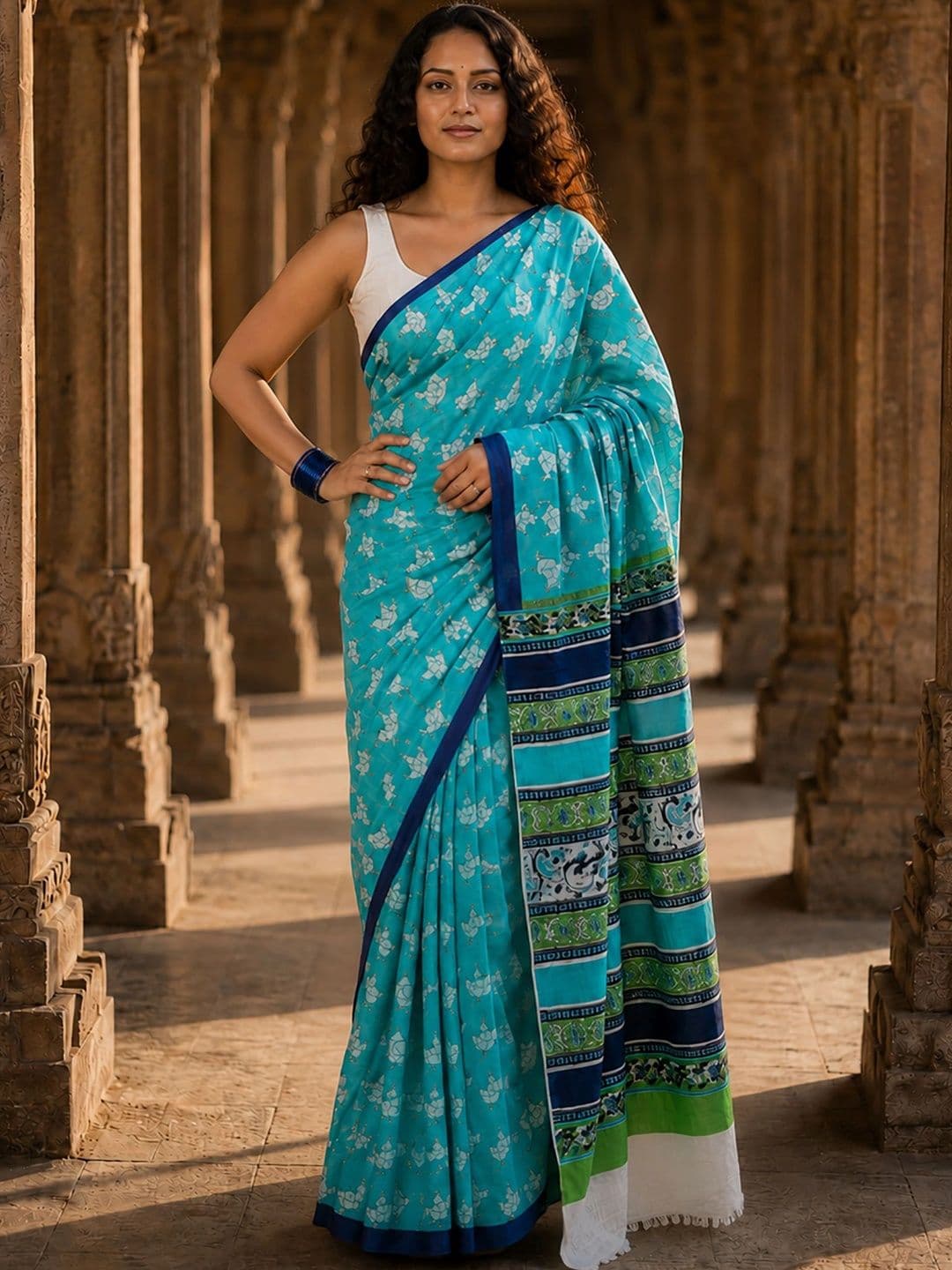 KALINI Floral Linen Blend Designer Block Print Saree thumbnail 5