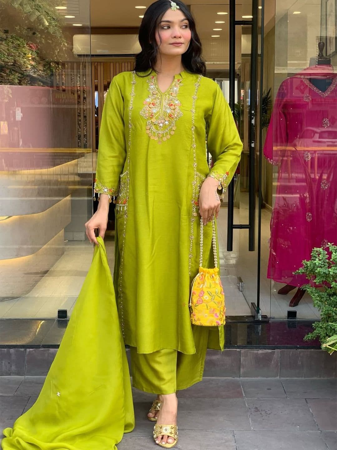 LABEL RANGREEZAA Women V-Neck Embroidered Straight Kurta with Trousers & Dupatta - view 1