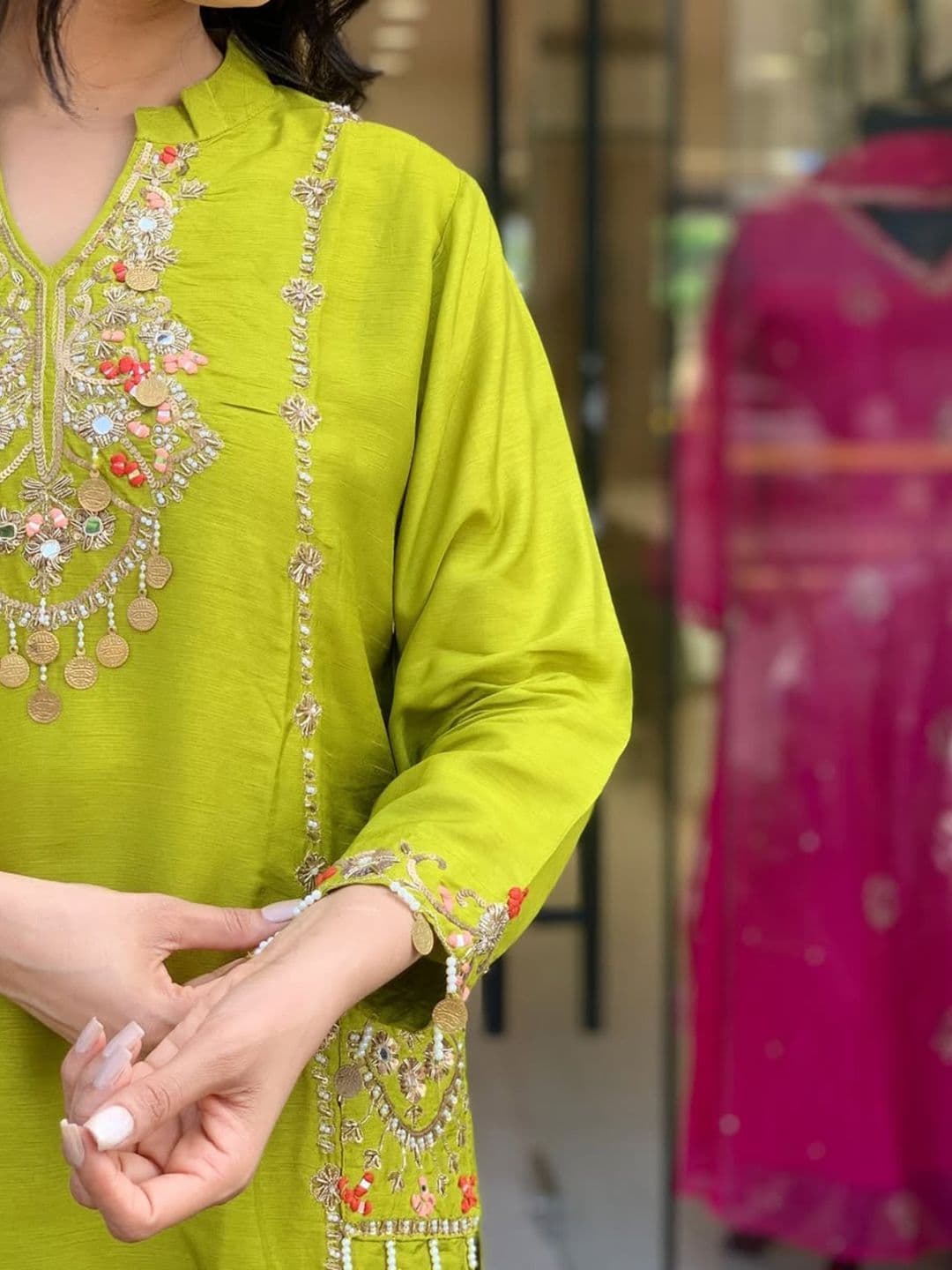 LABEL RANGREEZAA Women V-Neck Embroidered Straight Kurta with Trousers & Dupatta thumbnail 3