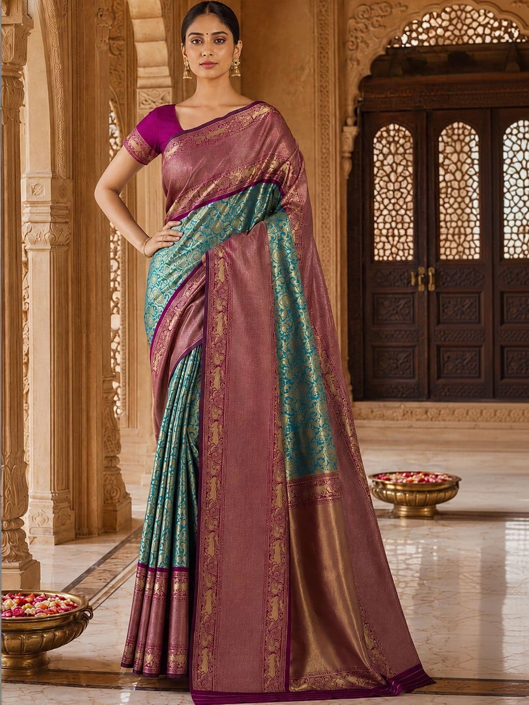 Anjaneya Sarees Woven Design Zari Silk Blend Designer Banarasi Saree thumbnail 5