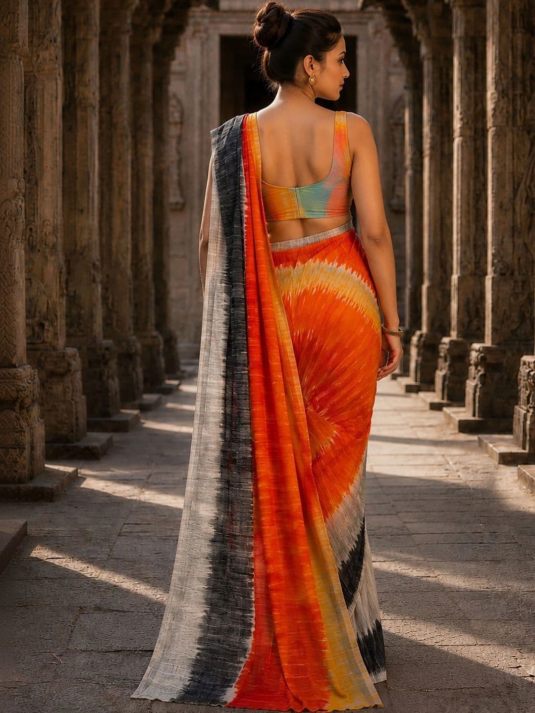 Aldwych Tie and Dye Linen Blend Designer Block Print Saree thumbnail 6