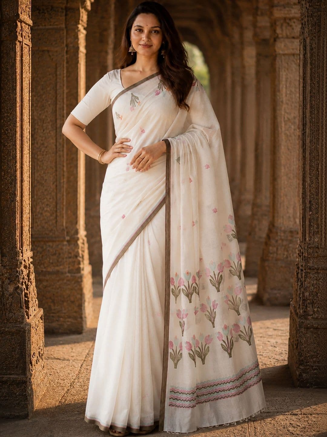 KALINI Floral Linen Blend Designer Block Print Saree thumbnail 5