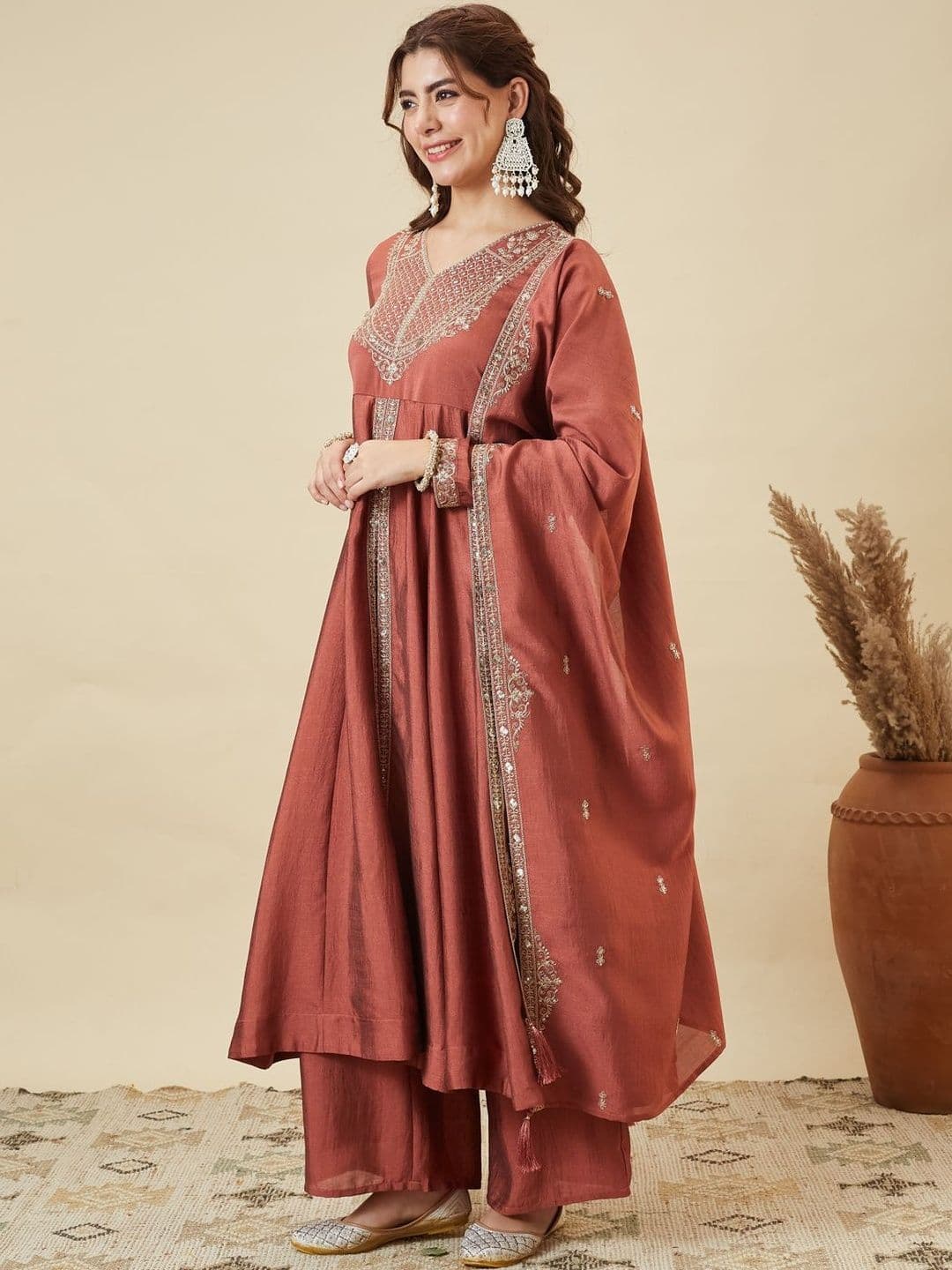 Colors  of Earth Colors of Earth Silk Embroidered Anarkali Kurta And Palazzo Set With Dupatta thumbnail 3