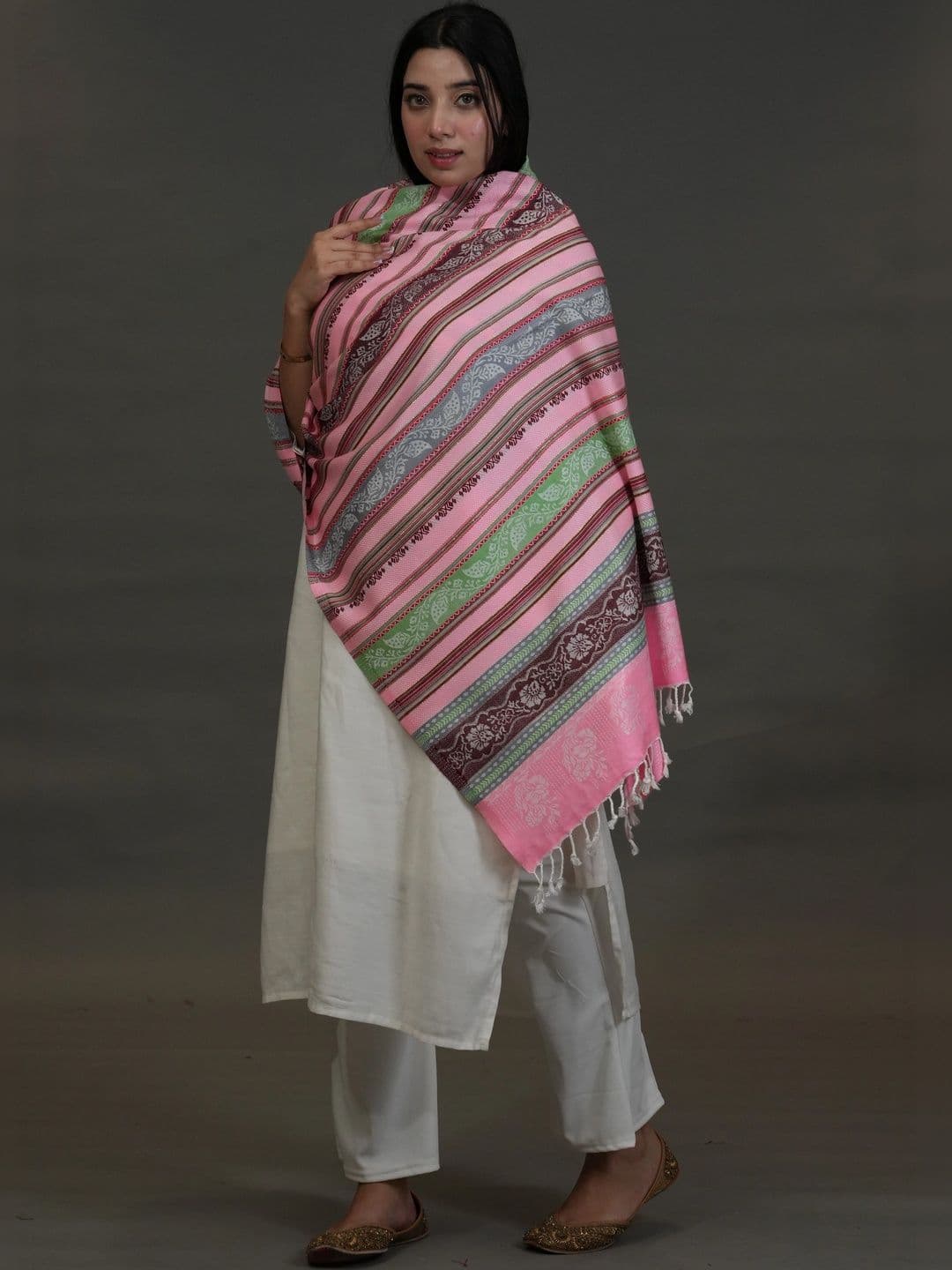 SHIFNEEN Women Striped Woven Design Acrylic Shawl thumbnail 3