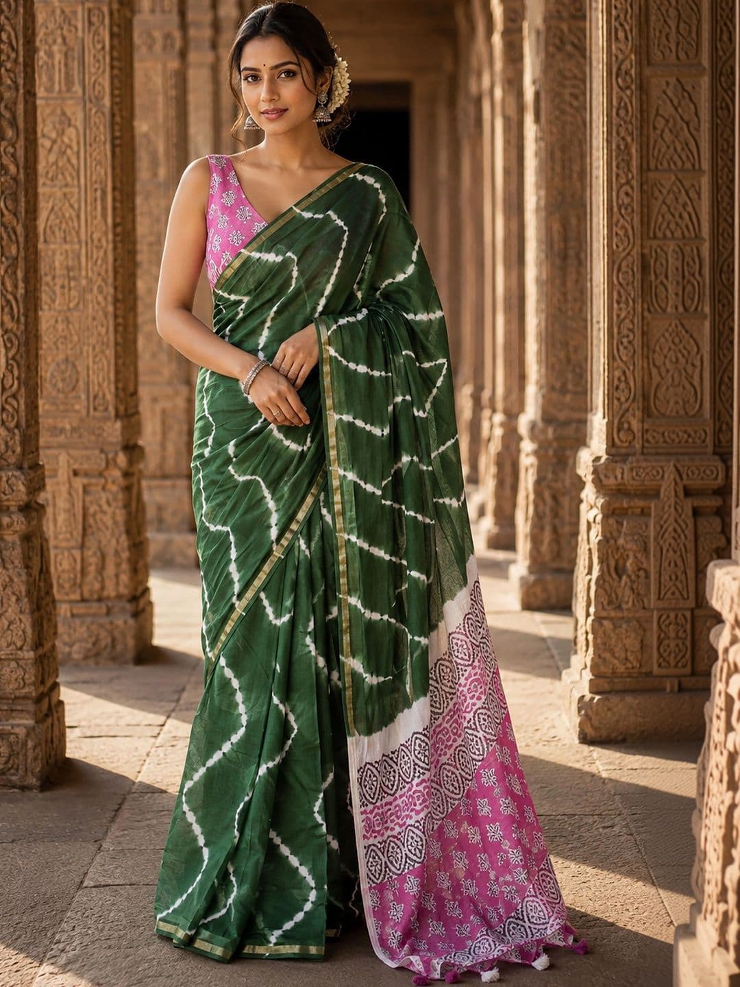 KALINI Bandhani Linen Blend Designer Block Print Saree thumbnail 3
