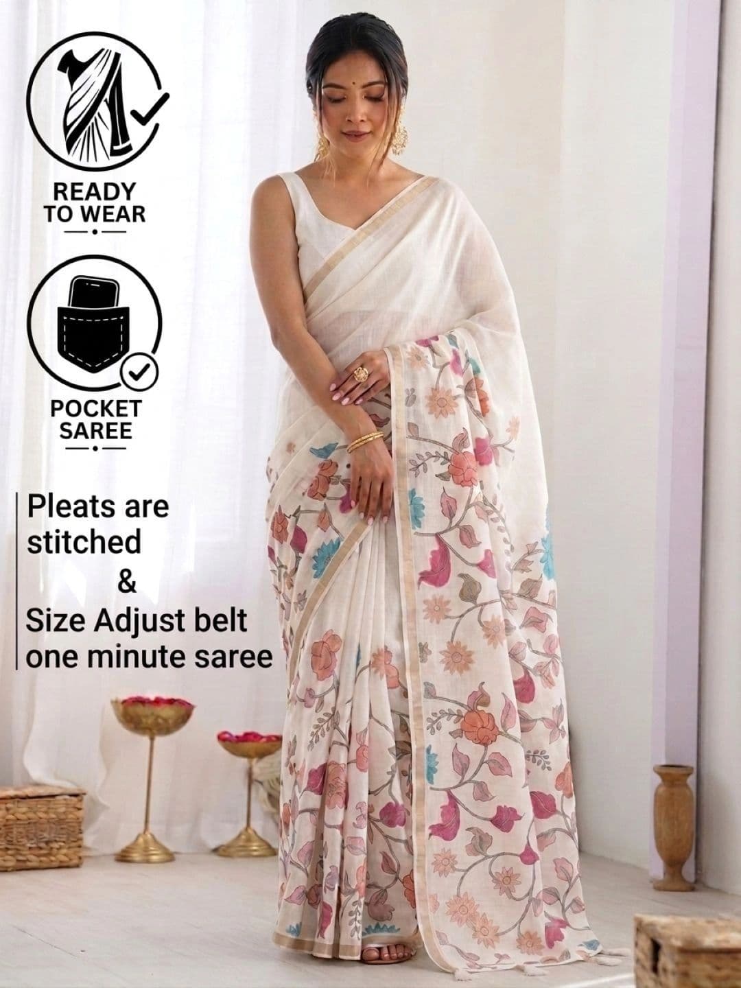 SAMANTHA Floral Linen Blend Belted Saree thumbnail 6