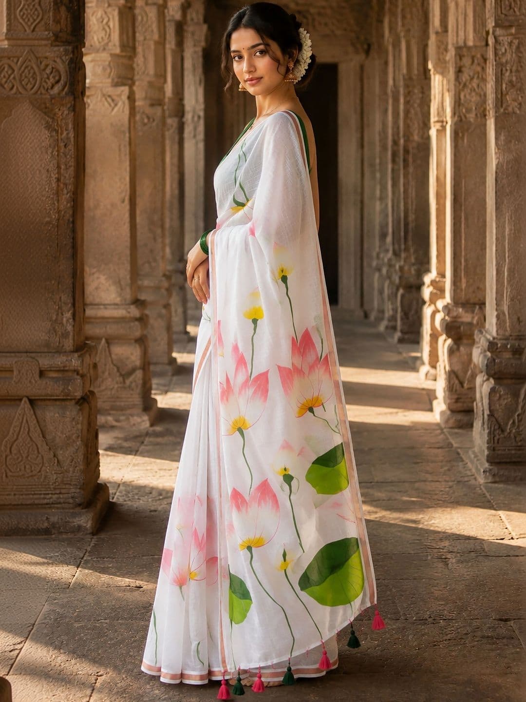 KALINI Floral Linen Blend Designer Block Print Saree thumbnail 2