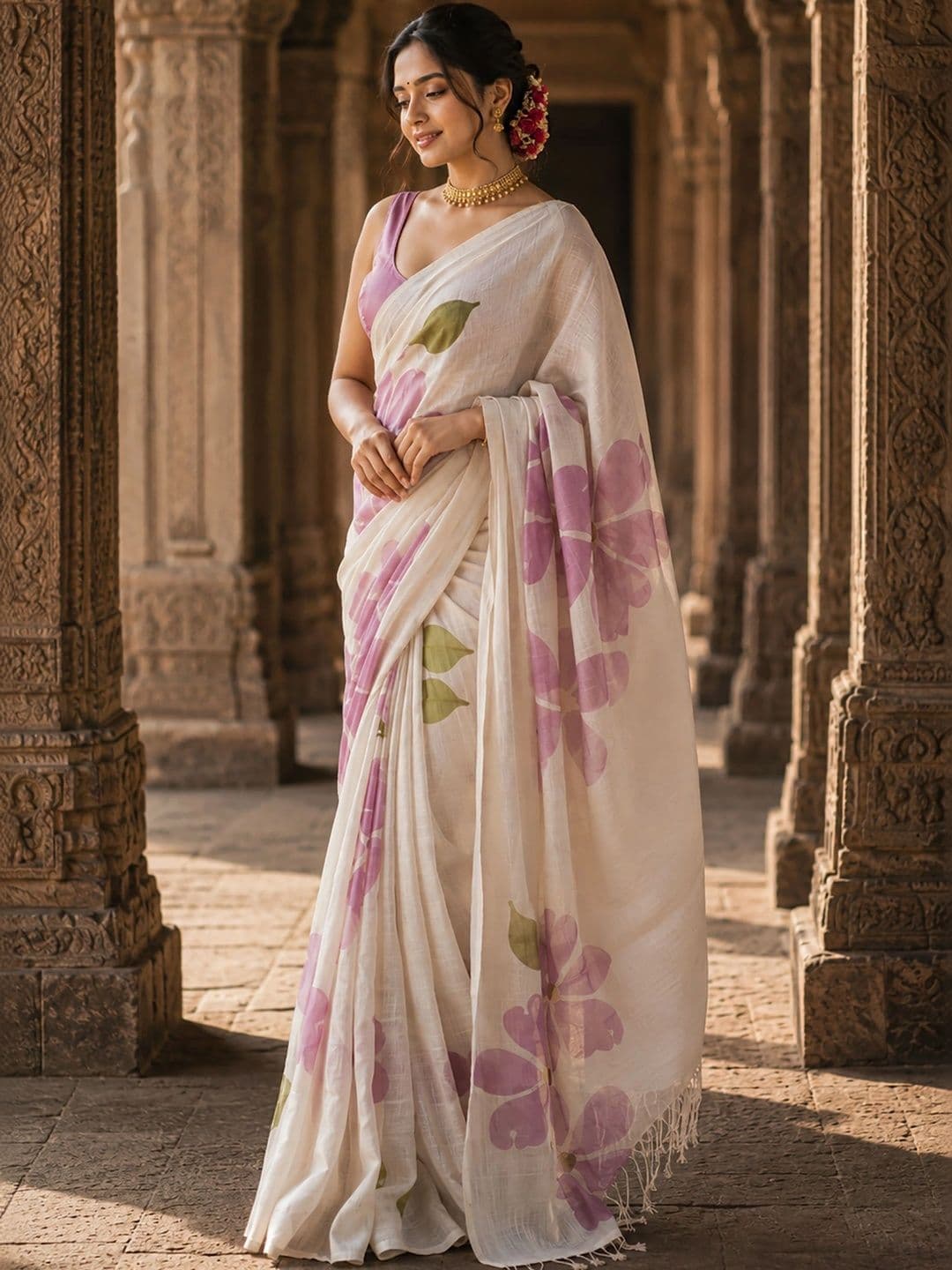 KALINI Floral Linen Blend Designer Block Print Saree thumbnail 3