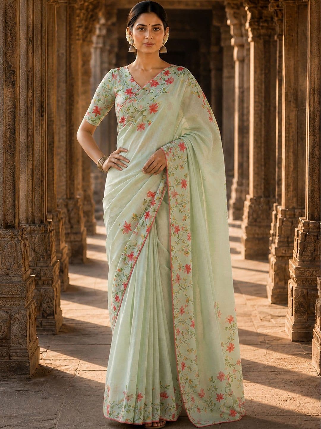 Aldwych Floral Linen Blend Designer Block Print Saree thumbnail 3