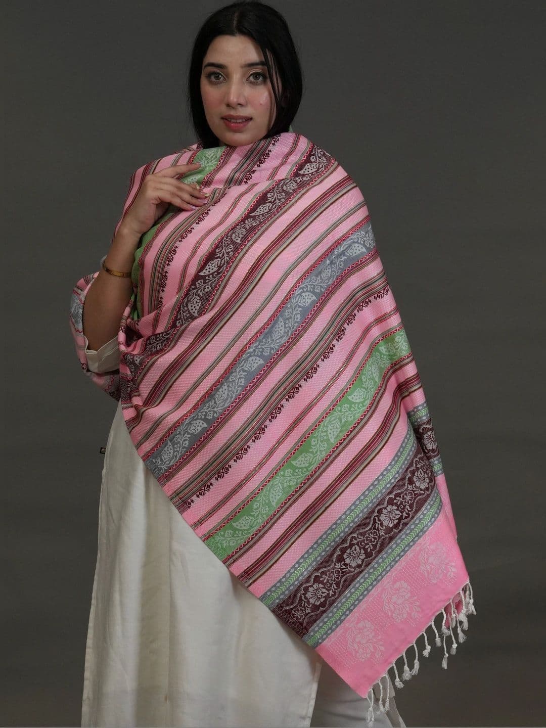 SHIFNEEN Women Striped Woven Design Acrylic Shawl thumbnail 4