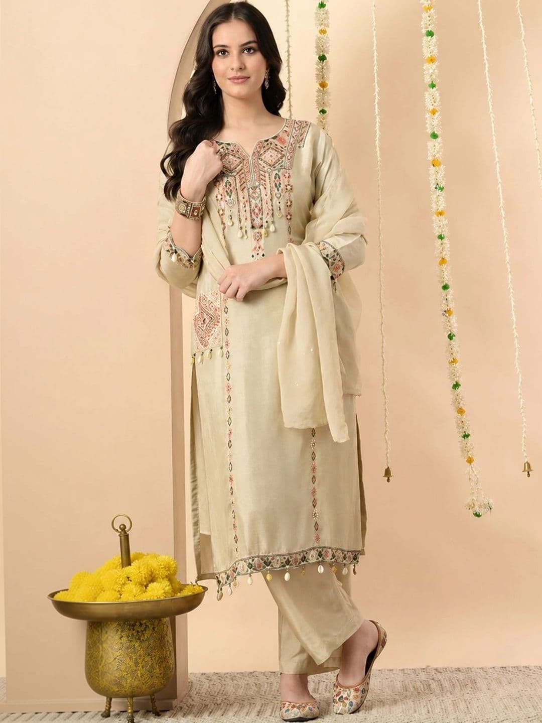 YAROSHI FASHION Women Beige Embroidered Silk Blend A-Line 3-Piece Kurta Set with Dupatta - view 1