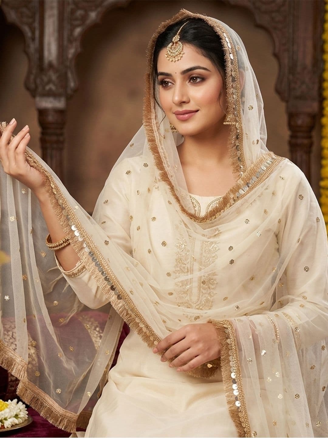 Navti Creations Women Cream Sequined Dupatta thumbnail 6