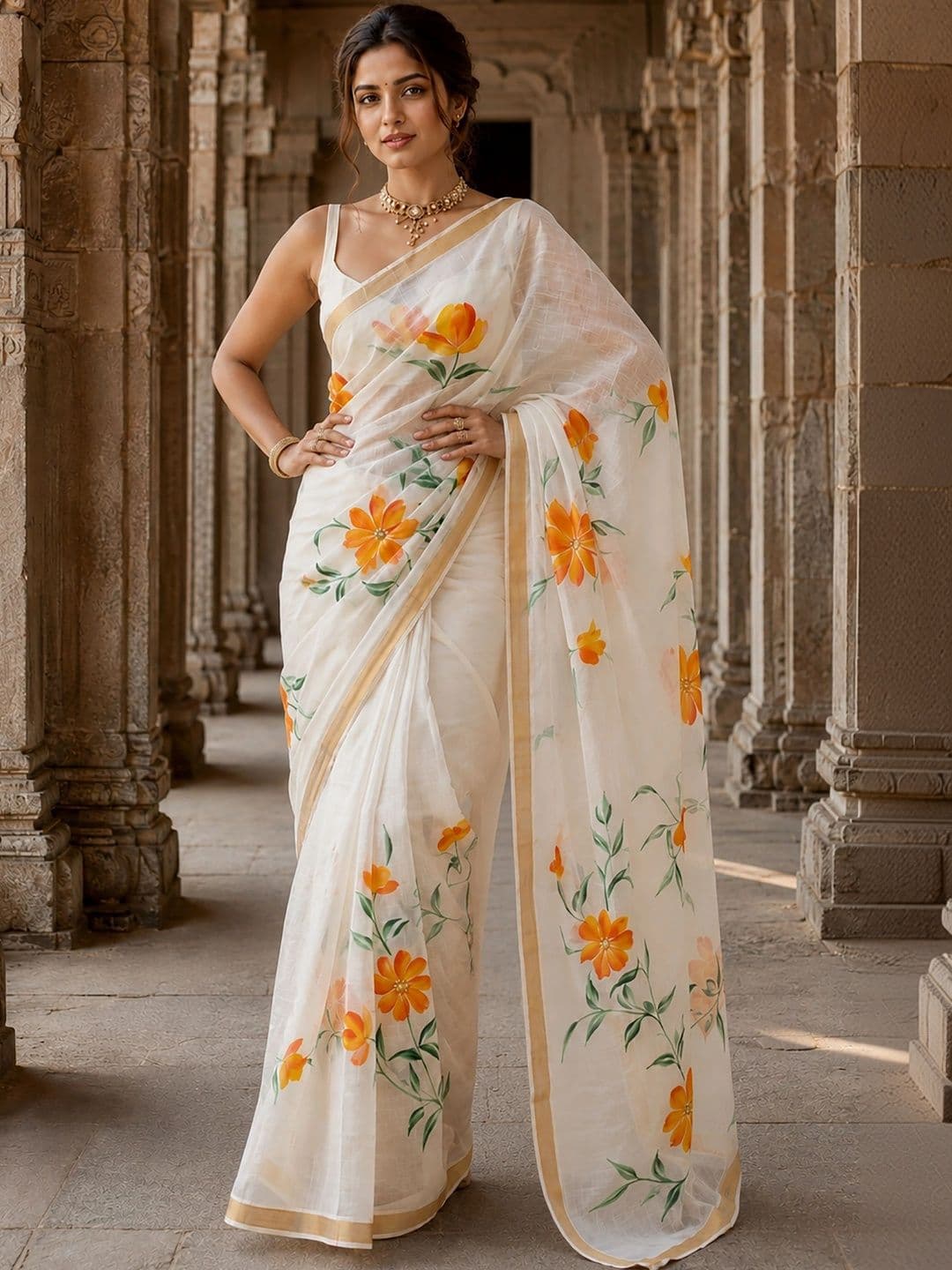 Mitera Floral Linen Blend Designer Block Print Saree thumbnail 2