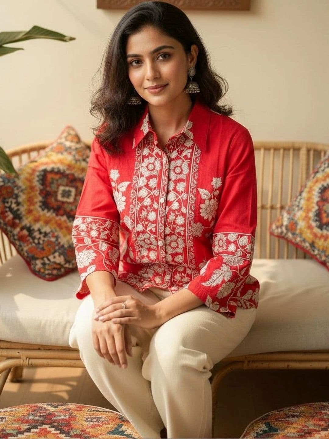 Anouk Floral Embroidered Shirt Collar Pure Cotton Blend Kurti thumbnail 5