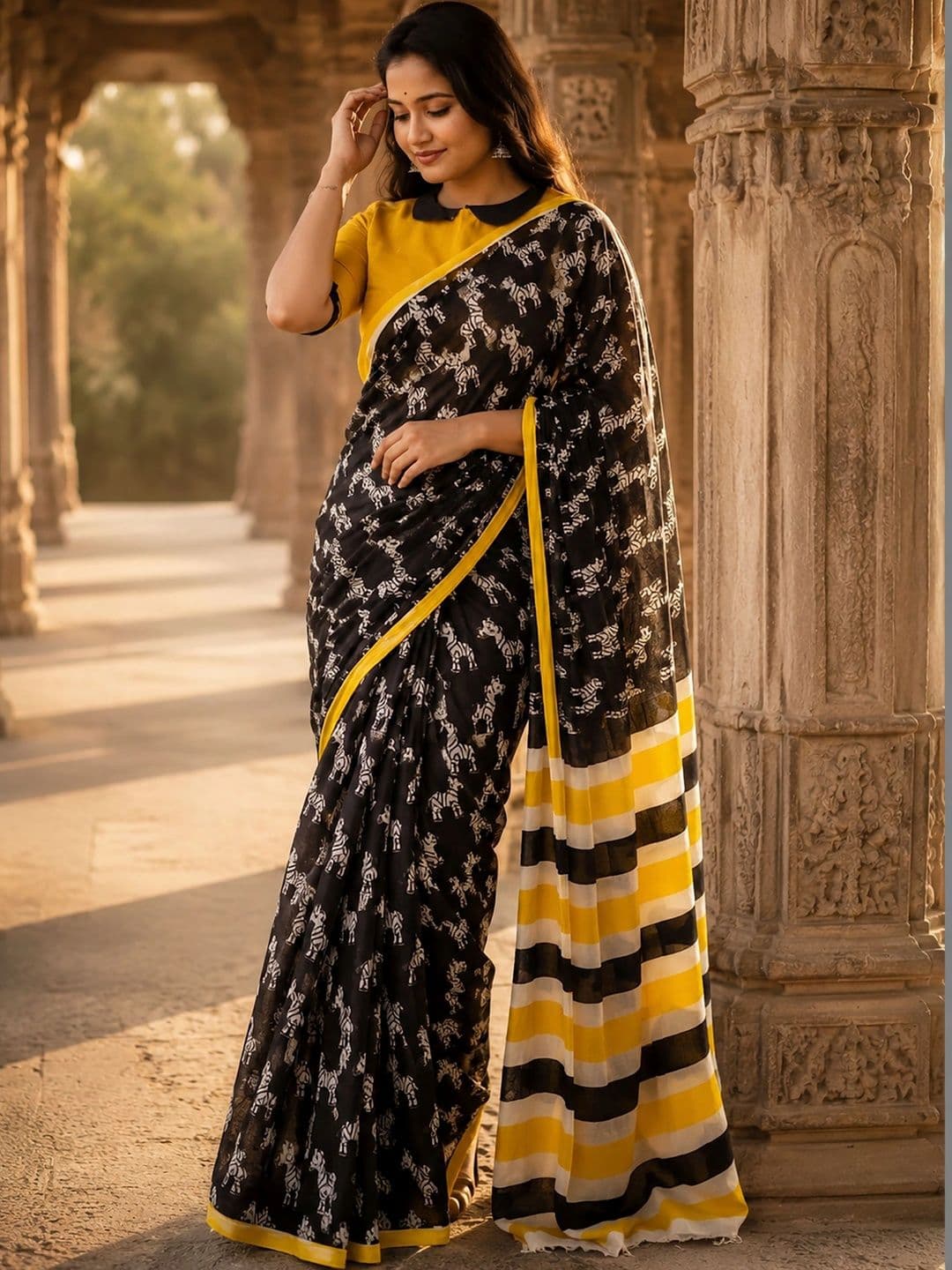 KALINI Linen Blend Designer Block Print Saree thumbnail 2
