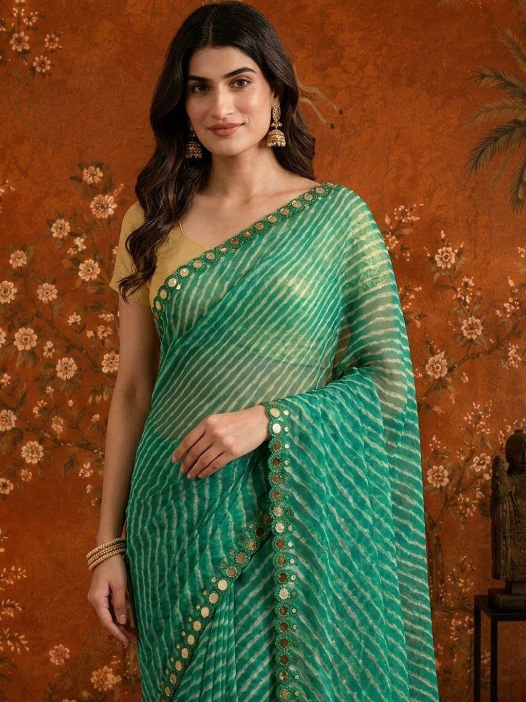 Sangria Leheriya Mirror Work Poly Chiffon Saree - view 1