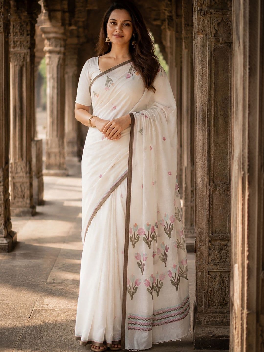 KALINI Floral Linen Blend Designer Block Print Saree - view 1