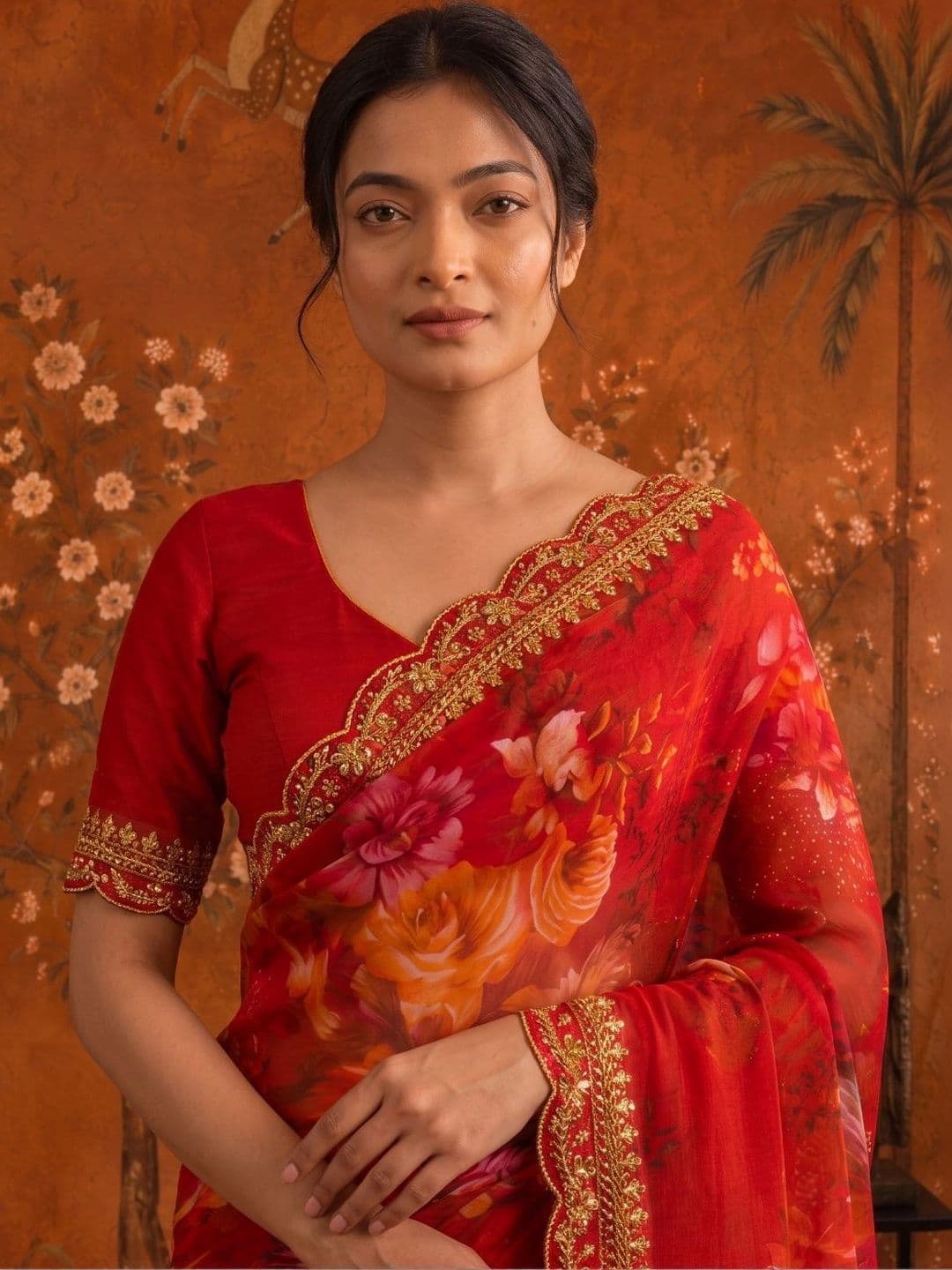 Sangria Floral Embroidered Poly Georgette Saree - view 1