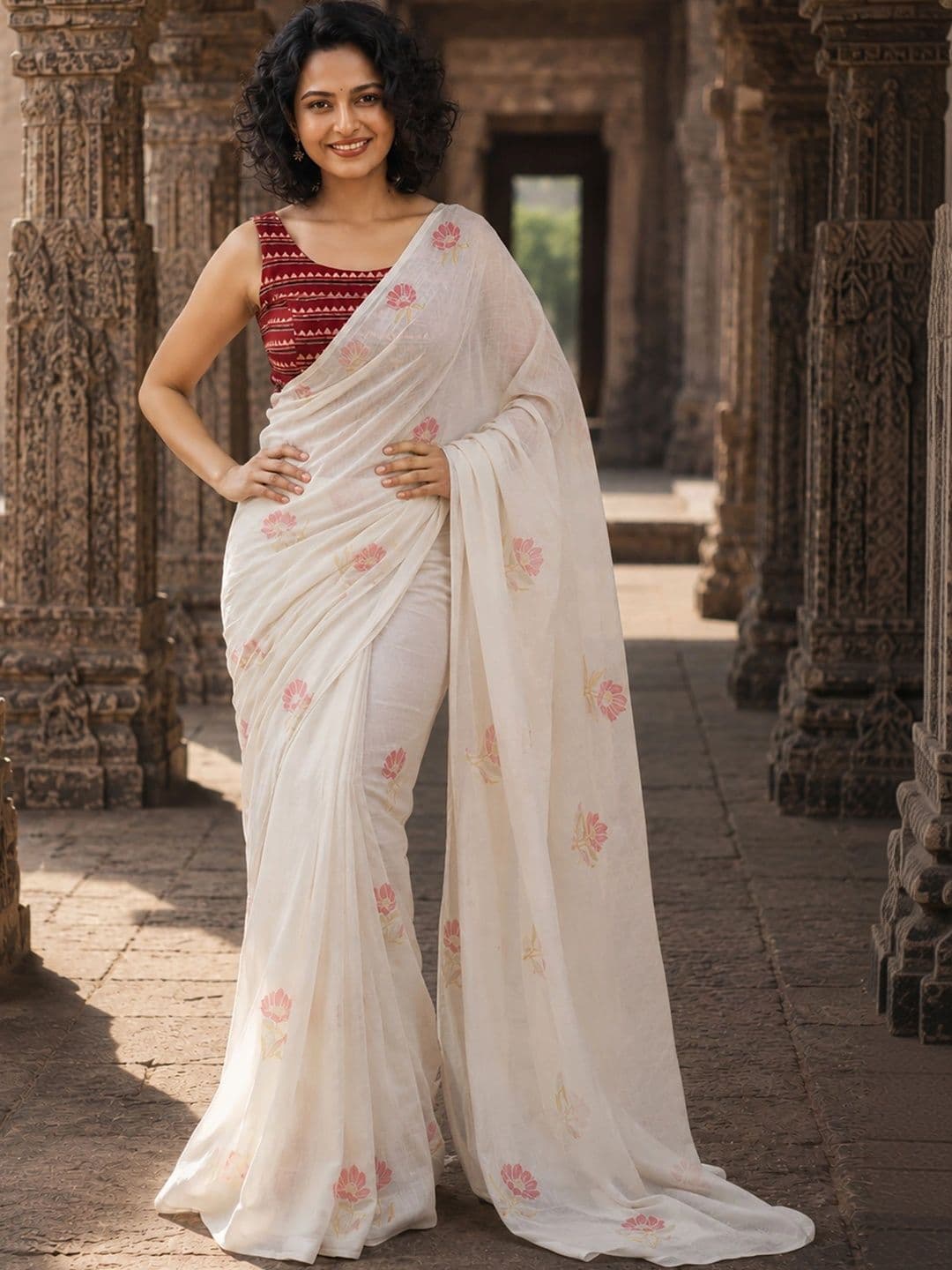 Aldwych Floral Linen Blend Designer Block Print Saree thumbnail 3