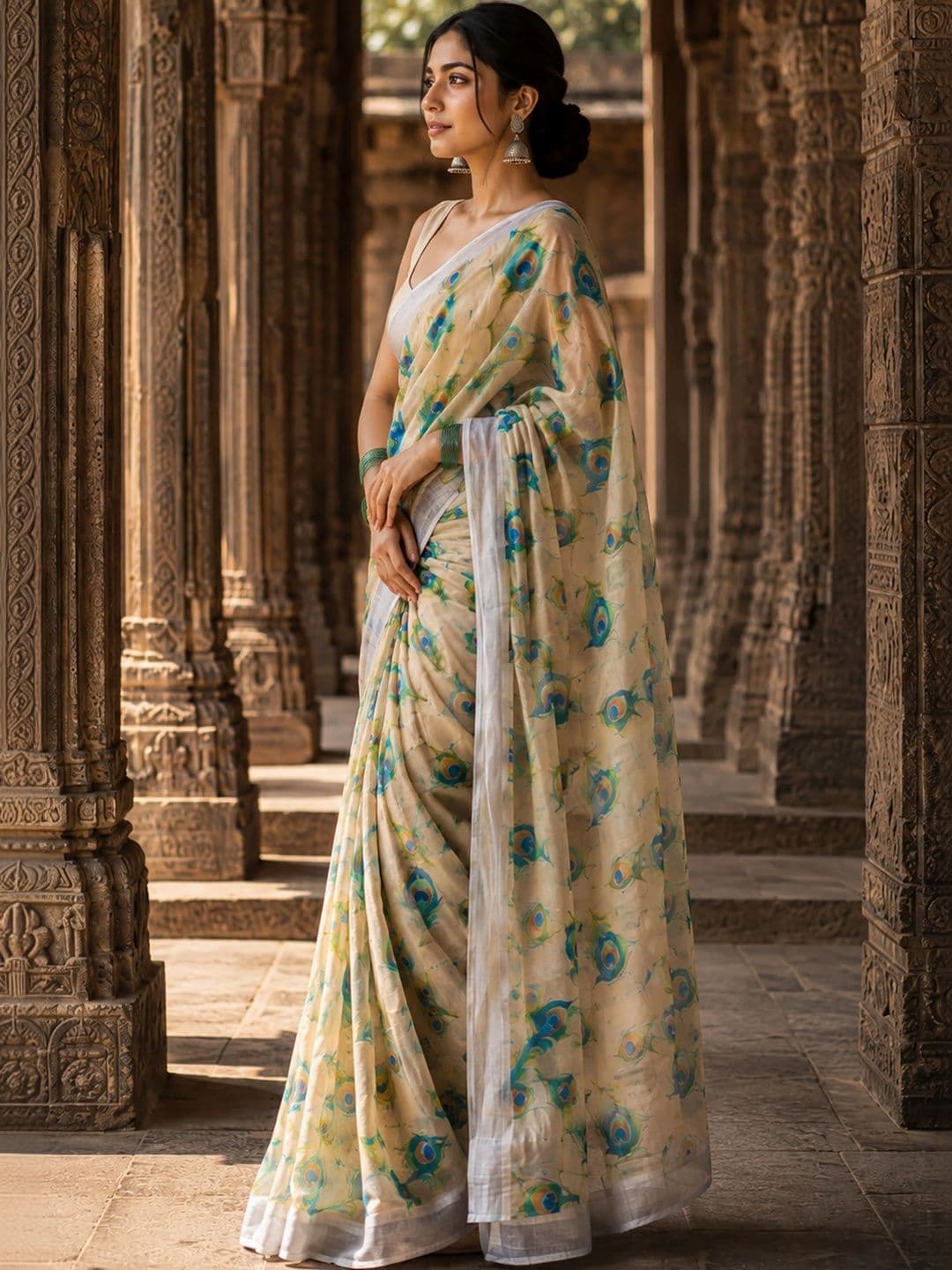 KALINI Floral Linen Blend Designer Block Print Saree thumbnail 3