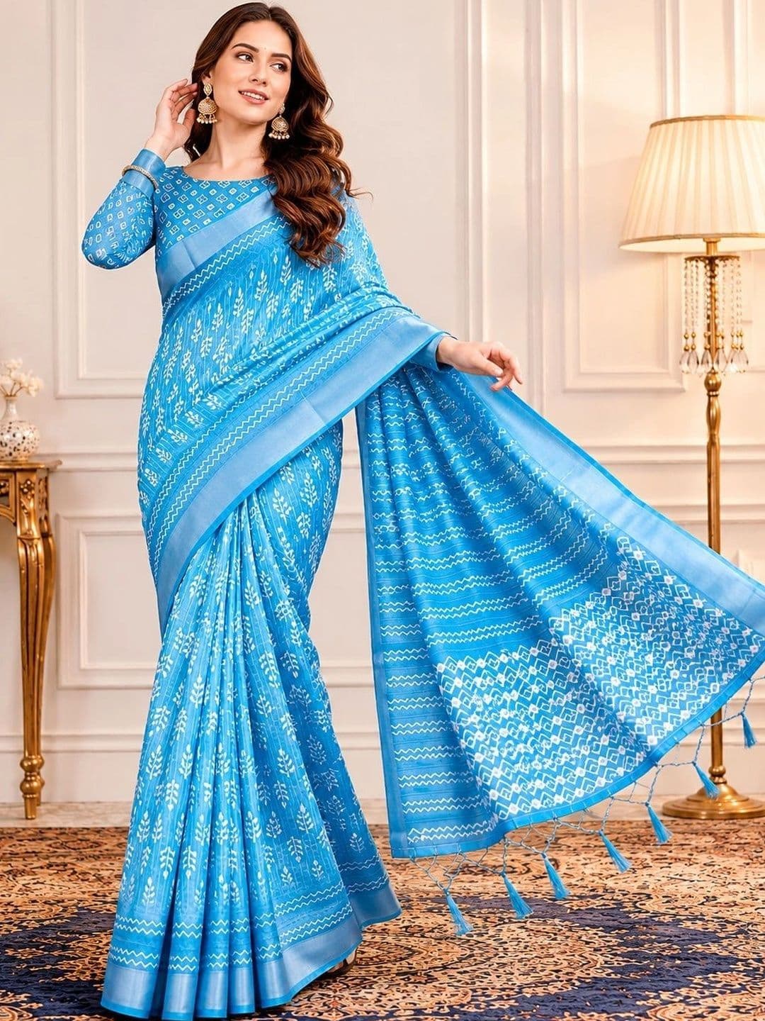 V3 FASHION STUDIO Ethnic Motifs Zari Linen Blend Block Print Saree thumbnail 6