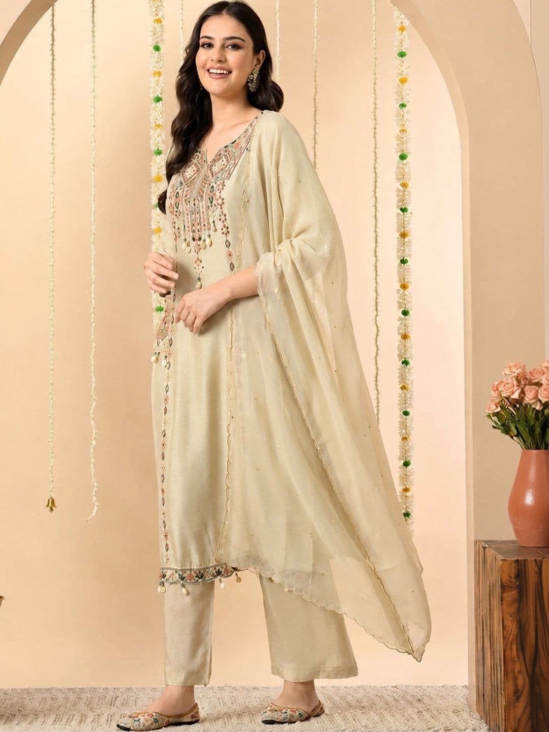 YAROSHI FASHION Women Beige Embroidered Silk Blend A-Line 3-Piece Kurta Set with Dupatta thumbnail 3