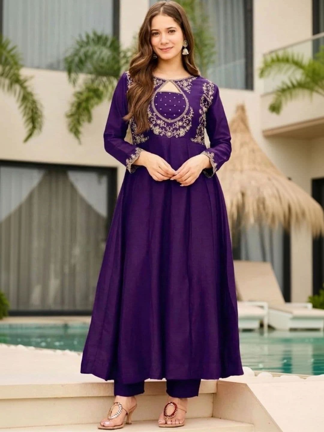 ROYALICA Women Ethnic Motifs Embroidered Empire Thread Work Silk Chiffon Kurta with Trousers & With Dupatta thumbnail 7