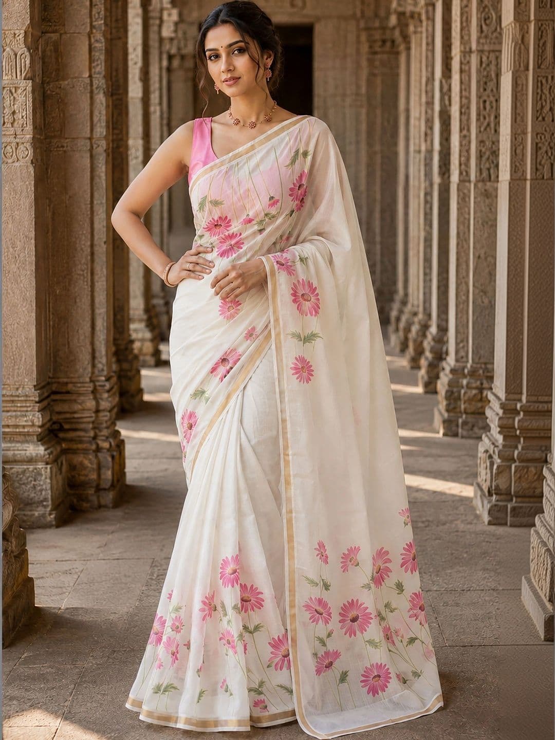 KALINI Floral Linen Blend Designer Block Print Saree - view 1