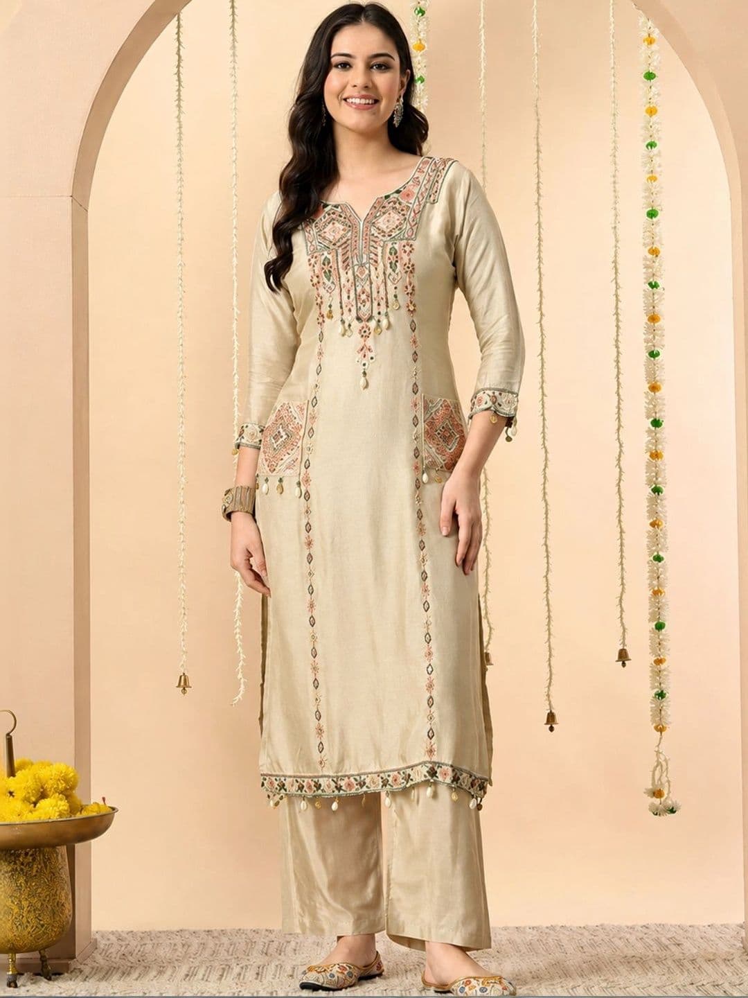 YAROSHI FASHION Women Beige Embroidered Silk Blend A-Line 3-Piece Kurta Set with Dupatta thumbnail 6