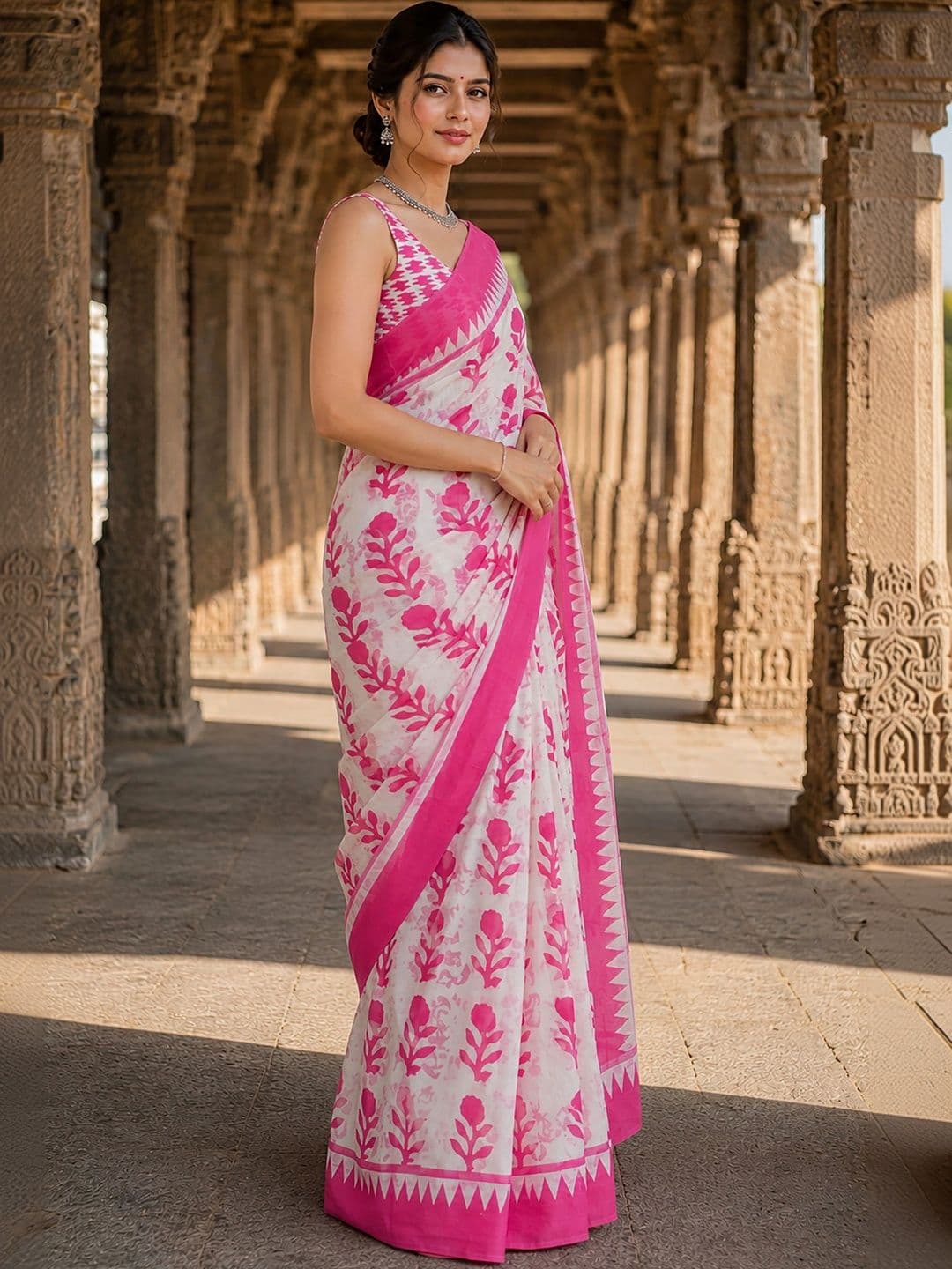 Aldwych Linen Blend Designer Block Print Saree thumbnail 5