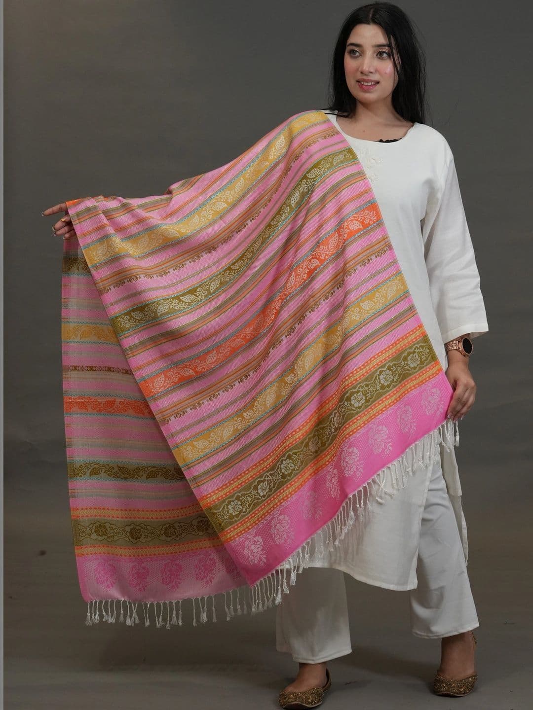 SHIFNEEN Women Striped Printed Acrylic Shawl - view 1