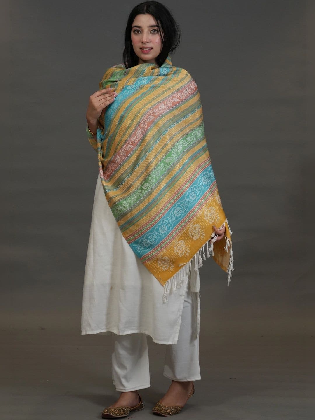 SHIFNEEN Women Striped Woven Design Acrylic Shawl thumbnail 2