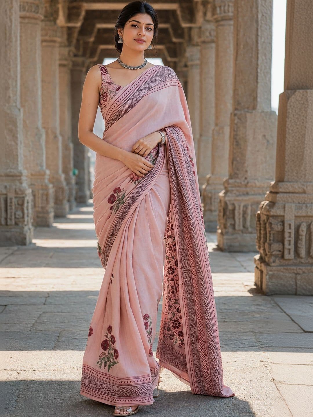 Aldwych Floral Linen Blend Fusion Block Print Saree - view 1