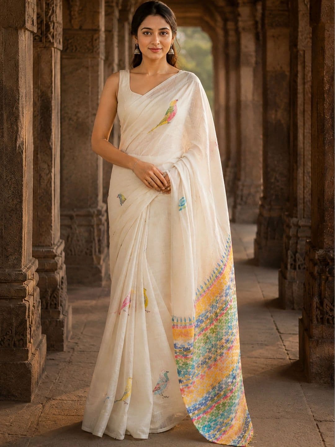 KALINI Linen Blend Designer Block Print Saree - view 1