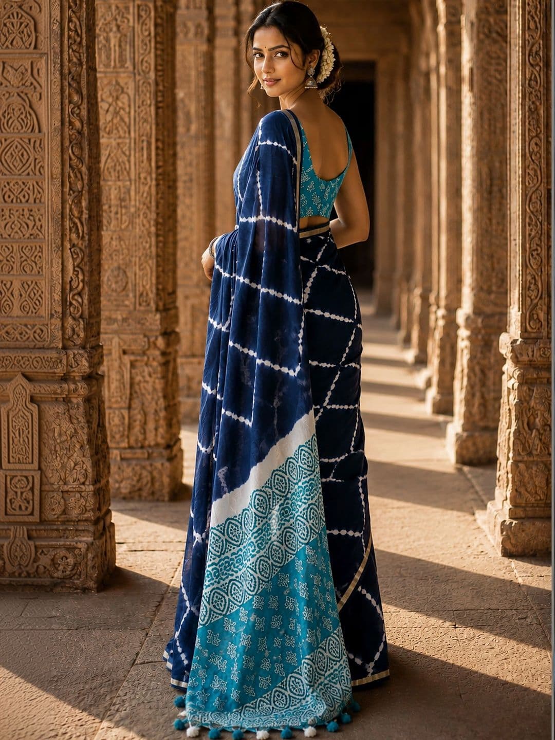 KALINI Tie and Dye Linen Blend Designer Block Print Saree thumbnail 3