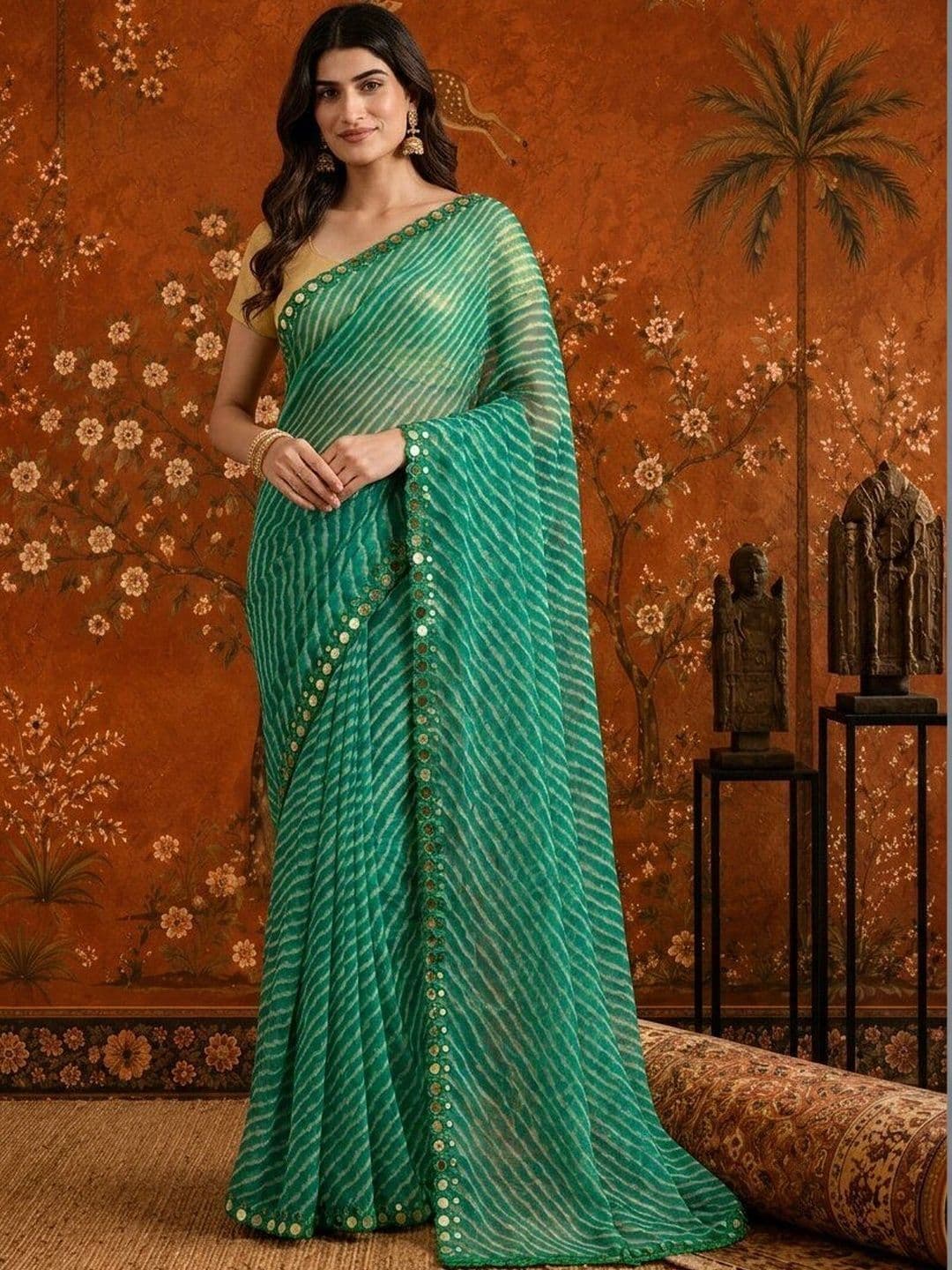 Sangria Leheriya Mirror Work Poly Chiffon Saree thumbnail 5