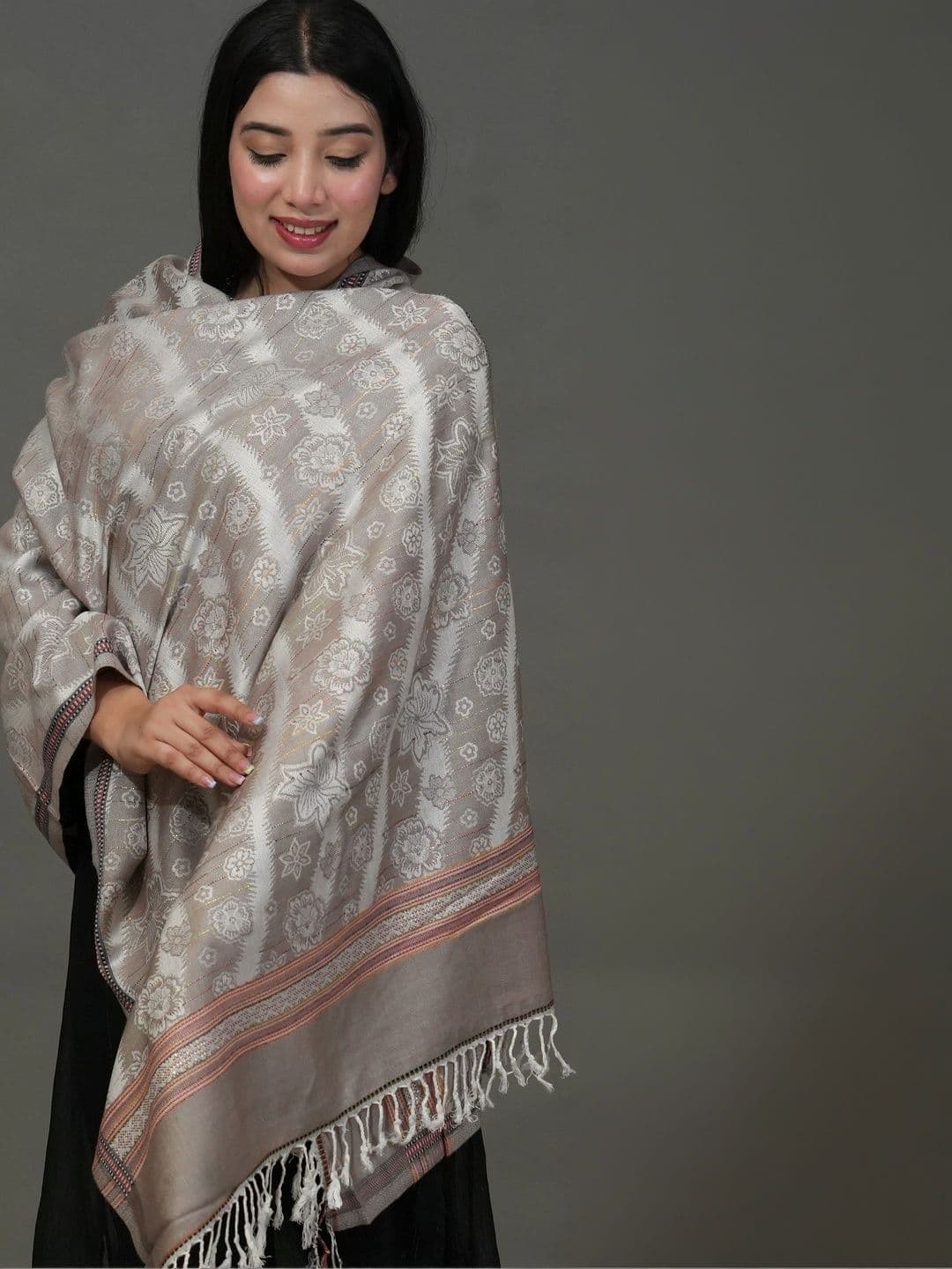 SHIFNEEN Women Floral Woven Design Acrylic Shawl thumbnail 2