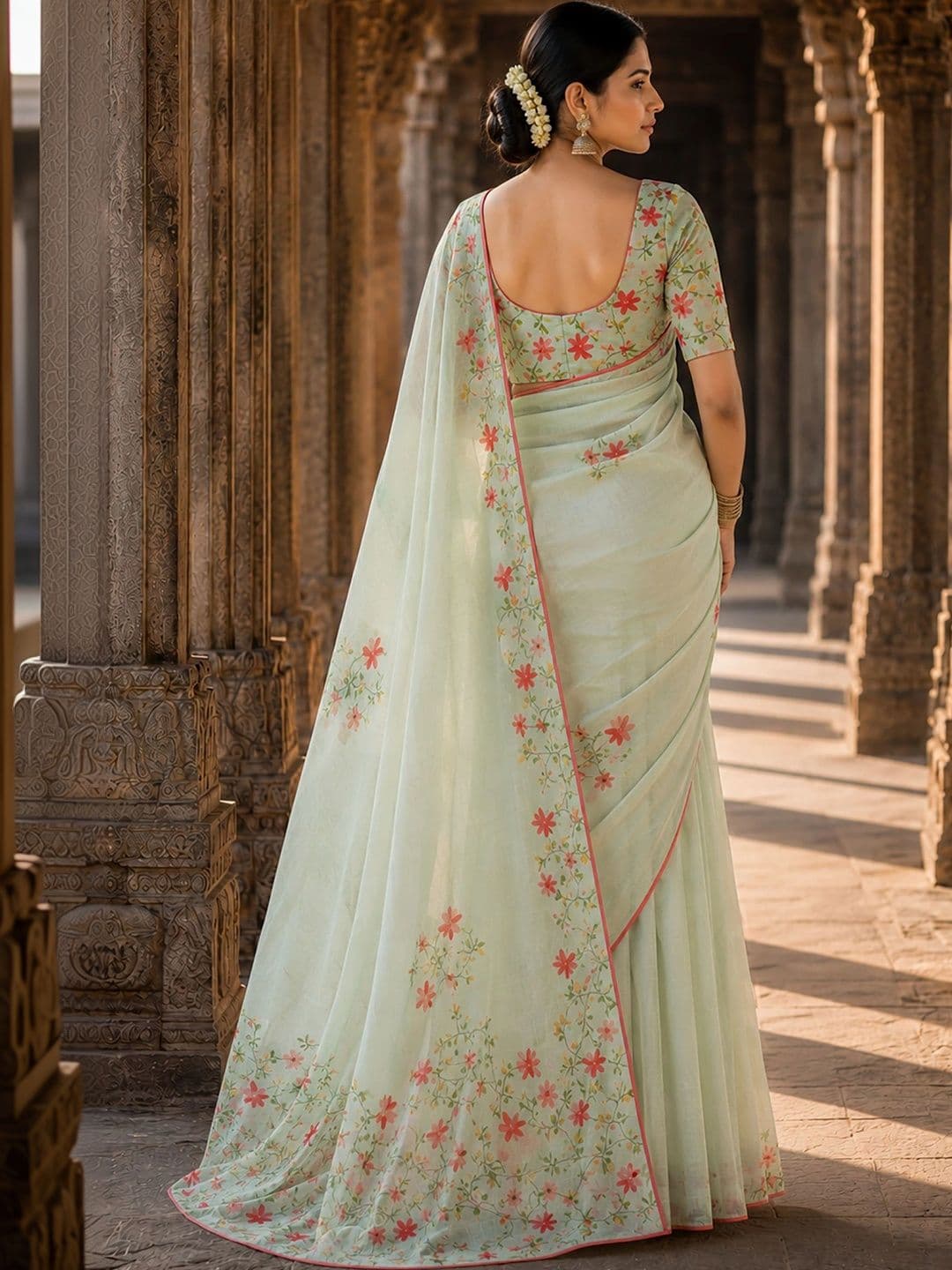 Aldwych Floral Linen Blend Designer Block Print Saree thumbnail 6