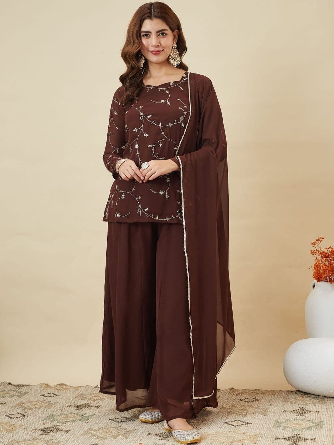MOKOSH Women Ethnic Motifs Embroidered Regular Thread Work Kurta with Palazzos & With Dupatta - view 1