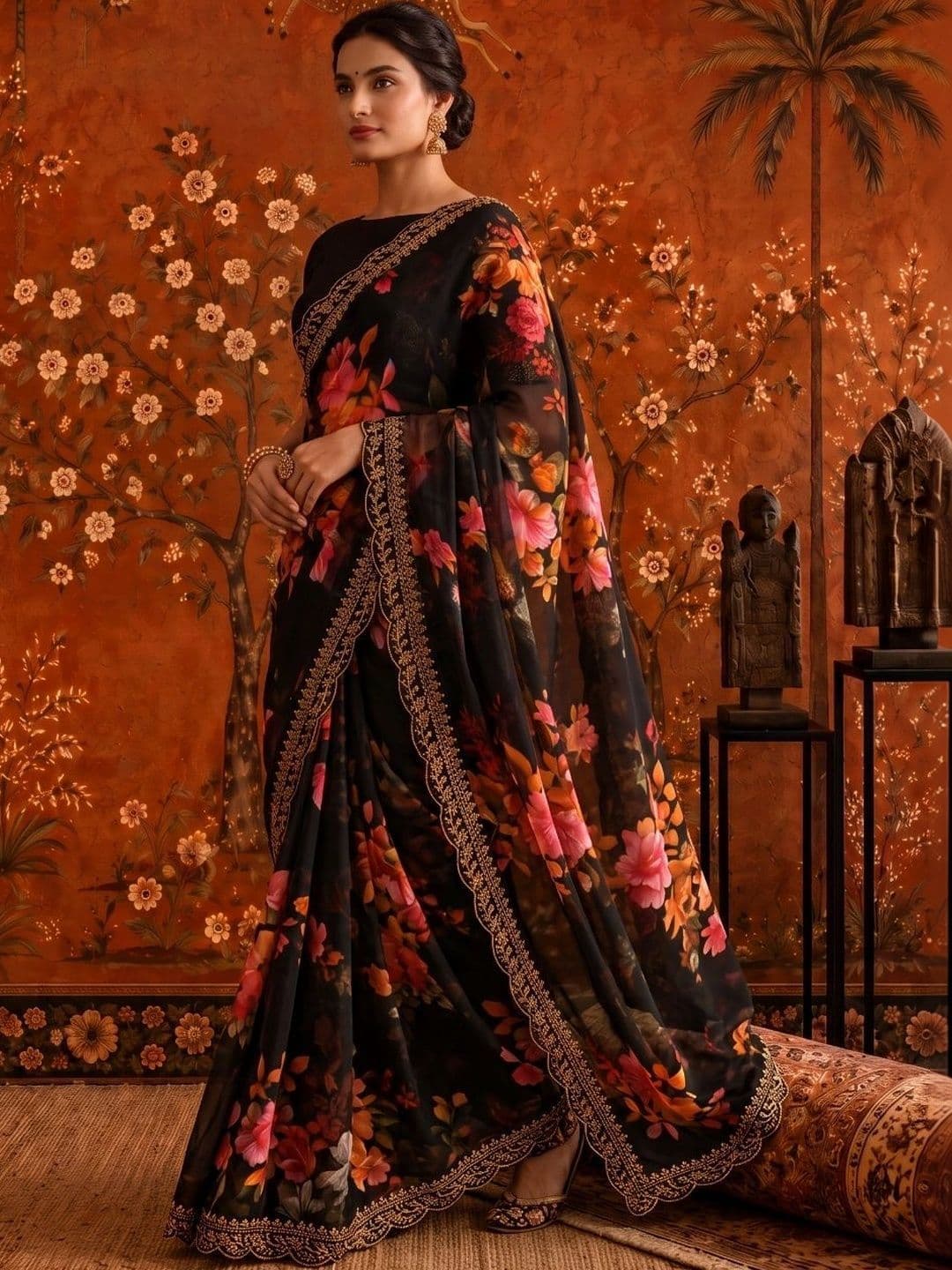 Sangria Floral Embroidered Poly Georgette Saree - view 1