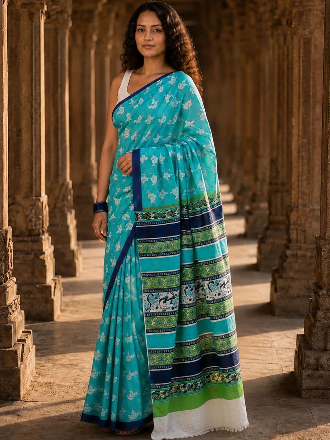 KALINI Floral Linen Blend Designer Block Print Saree thumbnail 4