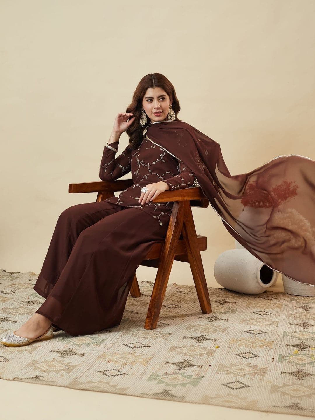 MOKOSH Women Ethnic Motifs Embroidered Regular Thread Work Kurta with Palazzos & With Dupatta thumbnail 3