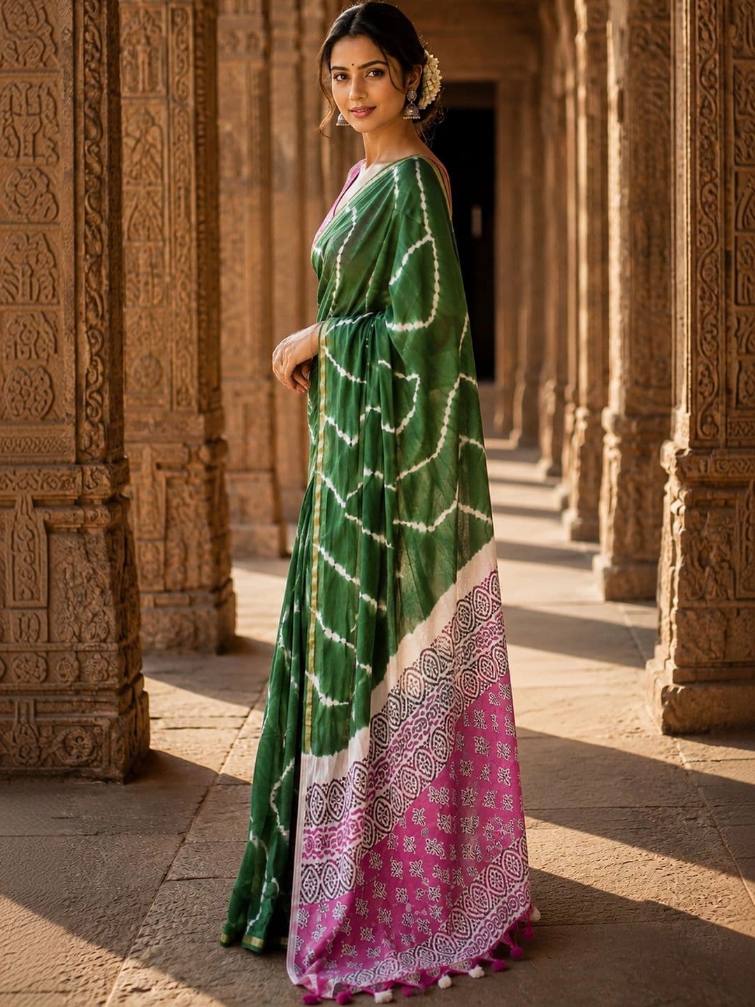 KALINI Bandhani Linen Blend Designer Block Print Saree thumbnail 5
