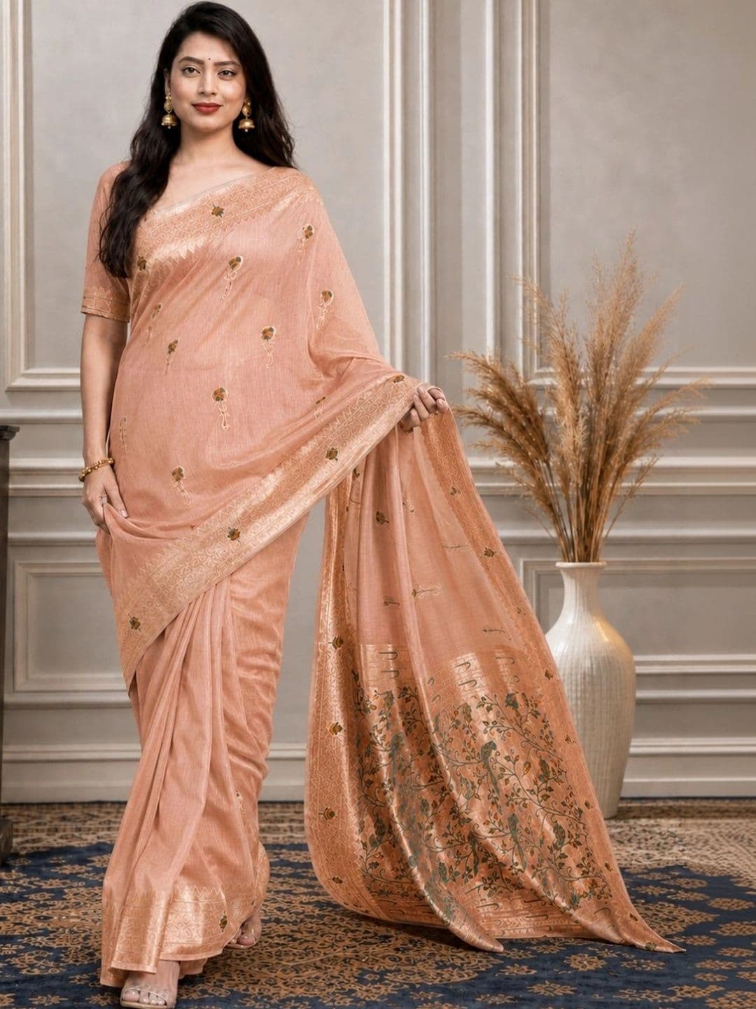 Anouk Floral Zari Pure Cotton Chanderi Saree thumbnail 4