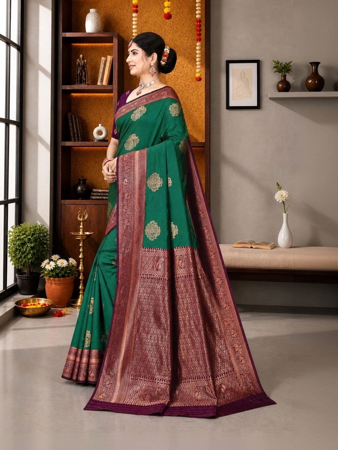 HAYA ETHNIC Woven Design Zari Fusion Banarasi Saree thumbnail 2